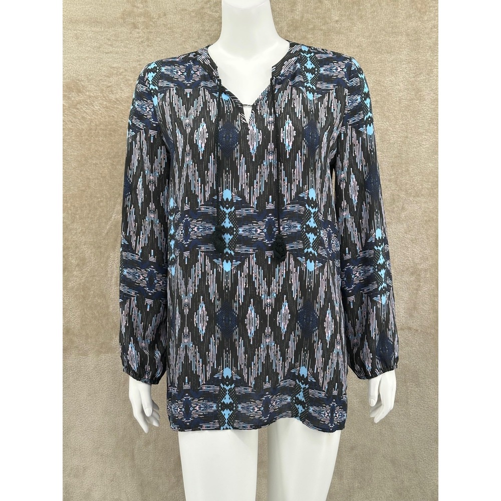 Collective Concepts Top Womens Medium Black Ikat Tunic Sheer Tassels Boho Office